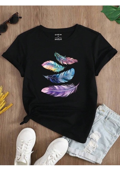 Flood Of Style Kadın Siyah Şans Tüyü Baskılı Oversize