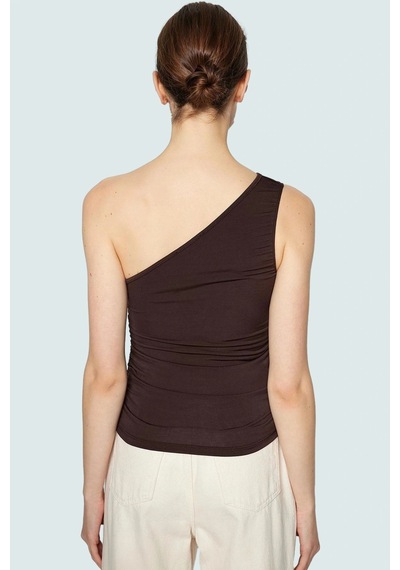 Ersefa Fitted Tek Omuz Bluz Esnek Örme Crop Boy Modern Stil Premium Kali Kahverengi