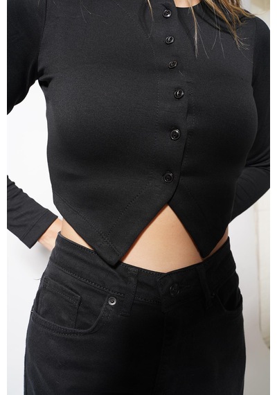 Ckm Moda Echo Düğmeli Modal Bluz Siyah