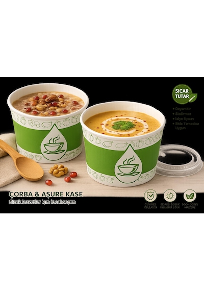 16 Oz Şeffaf Kapaklı Karton Çorba-aşure Kasesi 25 Adet