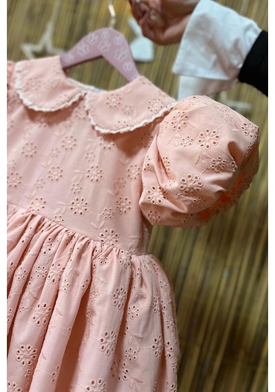Dantel Süslemeli Balon Kol Kız Çocuk Bebek Fisto Elbise 001