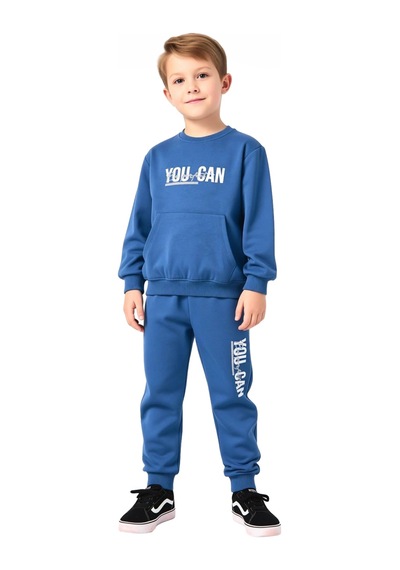 Ersefa Enerjik Sloganlı Erkek Çocuk Örme Eşofman Ve Sweatshirt Seti Kali İndigo