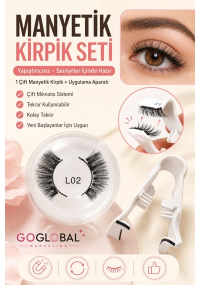 Manyetik Takma Kirpik Seti L02 Çift Mıknatıslı Yapıştırıcısız Doğal Görünüm Uygulama Aparatl