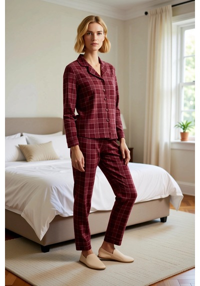 Benerly Kadın Ekose Gömlek Yaka Standart Kol Regular Kalıp Pijama Takımı bordo