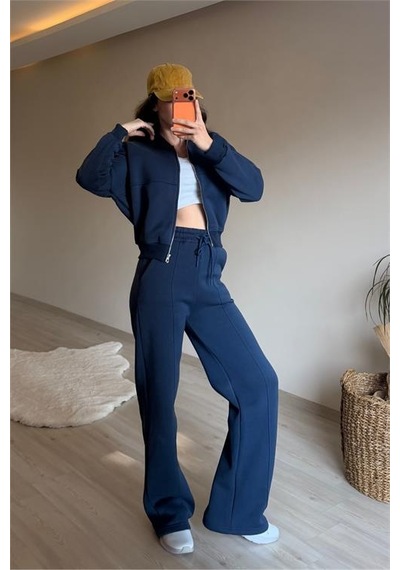 Neşeli Butik Kadın Oversize 3 İplik Cepli Eşofman Takımı Nm029 Lacivert