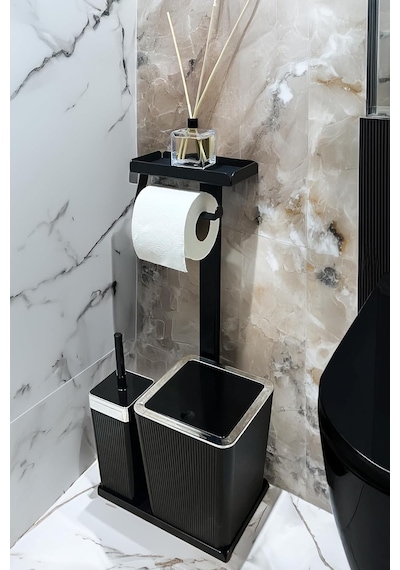 3'ü 1 Arada Banyo Seti Tuvalet Kağıtlık, Çöp Kovası Ve Tuvalet Fırça Takımı Set Çizgili Krom Siyah Diğer