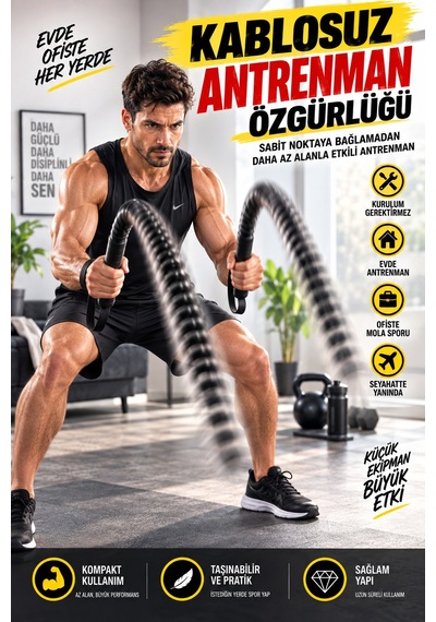 2'li Set 46 Cm Kablosuz Savaş Halatı Yaylı Egzersiz Aleti Evde Fitness Ergonomik Bilek Askılı Sporcu Siyah