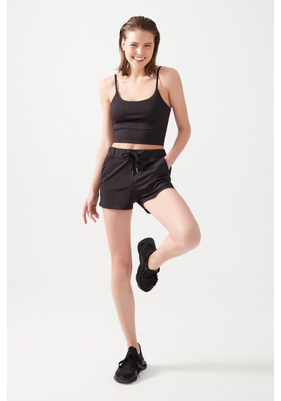 Los Ojos Kadın Siyah Cepli Beli Lastikli Basic Fit Spor Şort Shorts Siyah