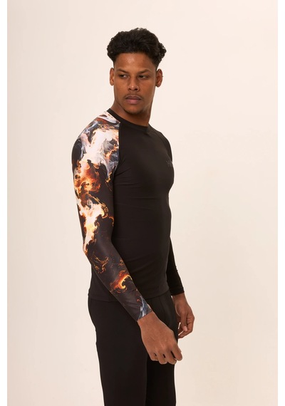 Hnc Sport Duman Erkek Uzun Kol Tek Kol Dijital Baskılı Compression Fitness Gym Spor Body Tshirt Siyah