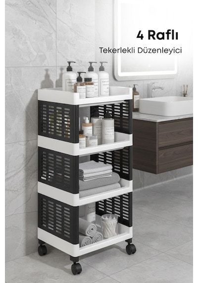 Grimorlife 4 Raflı Banyo Düzenleyici Mutfak Rafı Banyo Dolabı Çok Amaçlı Plastik Mutfak Düzenleyici-siyah Gri