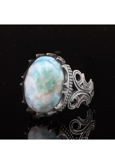 Erkek Sterlin Gümüş Yüzük - Doğal Larimar Taşı Gümüş