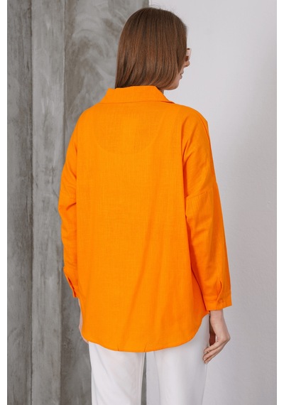 Paw Garage Kadın London Keten Tek Cepli Oversize Gömlek, Premium Kalite Keten Gömlek Turuncu