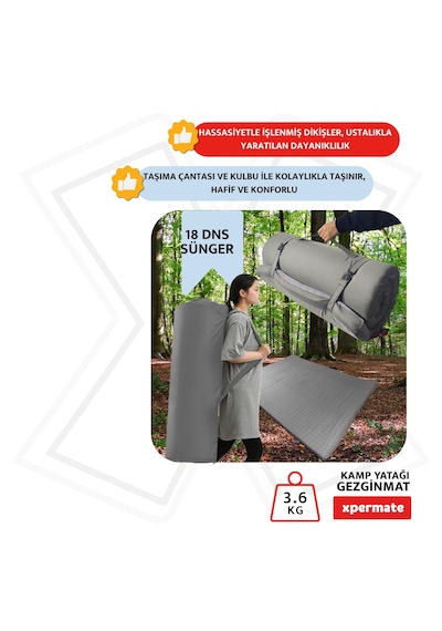Xpermate Gezginmat Kamp Yatağı Çift Kişilik Taşıma Çantalı Kamp Matı 120 x 180 x 6 CM Antrasit