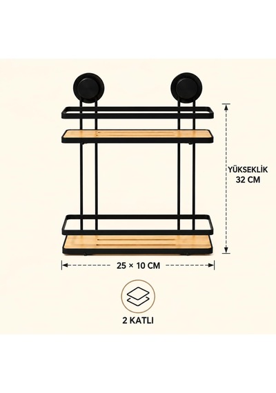 Deconox Metal Bambu Banyo Rafı 2 Katlı, Delmeden Yapışkanlı Duş Düzenleyici Raf, 25 X 10 Cm, 32 Cm Yükseklik, Şampuan Ve Duş Jeli Organizeri Aahşap