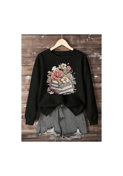 Herkesemoda Kitap Ve Çiçek Baskı Detaylı Bisiklet Yaka İçi Polarlı Sweatshirt Siyah