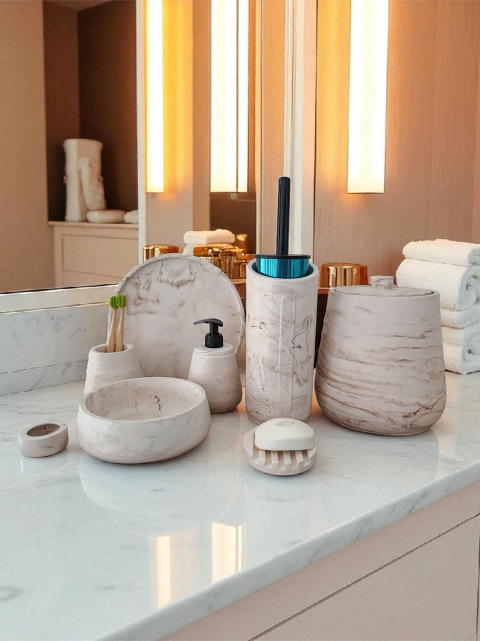 Mermer Desen Beton Banyo Seti,tuvalet Wc,çöp Kovası,katı,sıvı Sabunluk,tepsi,dekorasyon,aksesuar Gri