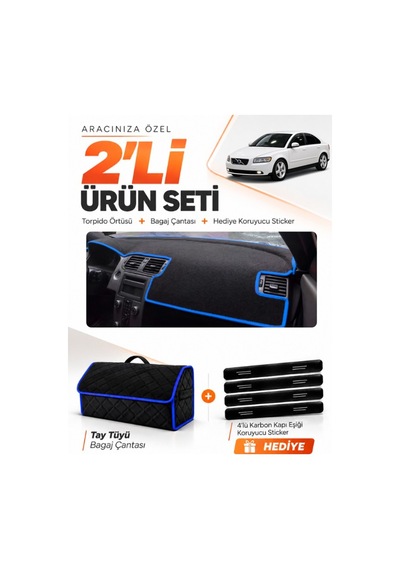E-biz Volvo S40 2008-2012 Uyumlu Torpido Örtüsü + Tay Tüyü Bagaj Çantası Seti - Siyah-mavi - Vo002