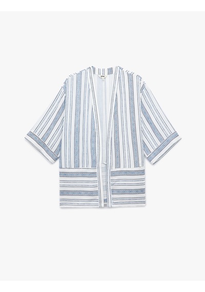 Koton 3/4 Geniş Kol Oversize Kimono Ceket Mavi Çizgili 5sak50012pw Mavi Çizgili Mavi