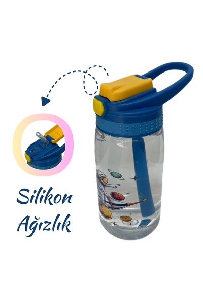 480 Ml Baskılı Çocuk Matarası Kilitli Kapak Ve Taşıma Kulpu Lacivert