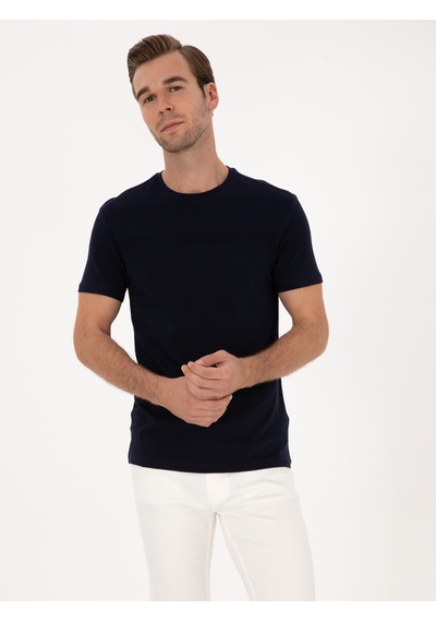 Lacivert Slim Fit %100 Pamuk Bisiklet Yaka Şerit Detaylı T-shirt