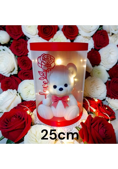 Işıklı Güllü Ayıcık Biblo - Beyaz - 25cm Kutulu