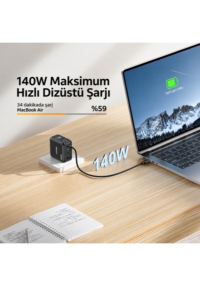 Unıtek Rexo 140w 4 Portlu Akıllı Ekranlı Gan Sarj Cihazı P1132abk01-eu