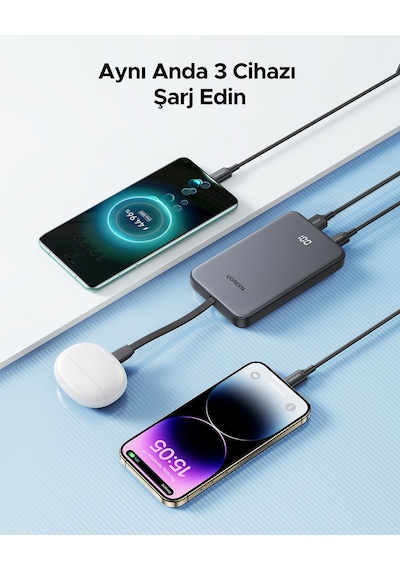 Ugreen Zapix 10.000 Mah 20w Dahili Usb-c Kablolu Hızlı Şarj Powerbank, 75161b Gri