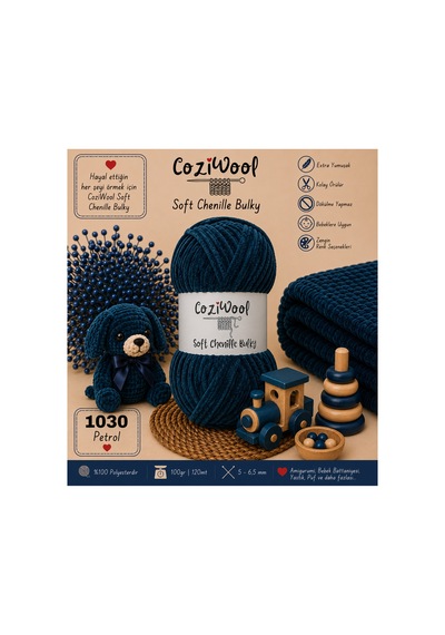Kadife İp Soft Chenille Bulky 5'li Paket 5x100 Gr 120 Mt El Örgü İpi Petrol - 875823131