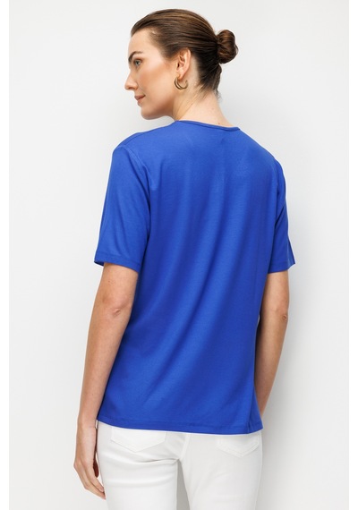 Kadın V Yaka Yakası Nakış İşlemeli Penye T-shirt Saks Saks