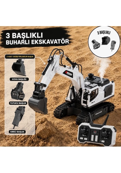 Metal Başlıklı Buharlı 1:18 Ölçekli Uzaktan Kumandalı 10 Fonksiyonlu 2.4 Ghz Oyuncak Ekskavatör Beyaz