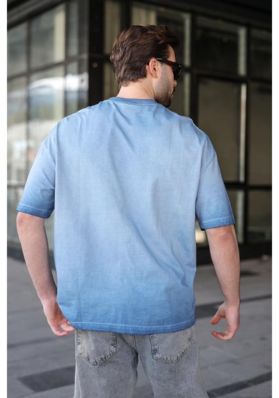 Madmext İndigo %100 Pamuklu Bisiklet Yaka Oversize Erkek Tişört E7177 İndigo