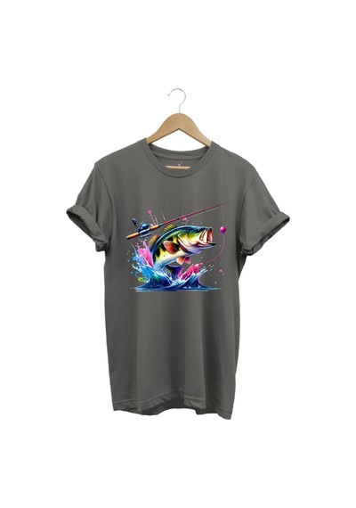 Fishing Balıkçılık Renkli Levrek Balığı Baskılı Avcılık %100 Pamuk Regular Fit Unisex T-shirt Gri