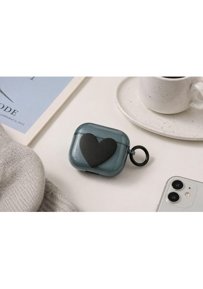 Esnek Silikon Desenli Airpods 4 Uyumlu Desenli Silikon Kılıf - Darbe Emici Esnek Yapı, Metal Karabinalı Siyah Kalp, Airpods 4