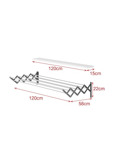 Akordiyon 120cm 9 Gözlü Metal Gövde Çamaşır Kurutmalık Askı Duvara Monte Katlanabilir Antrasit Antrasit