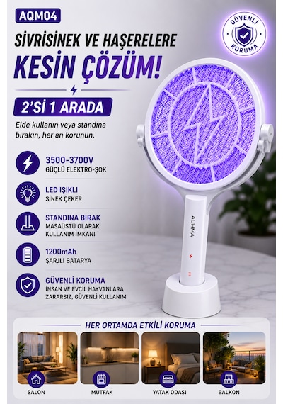 Aqm04 Şarjlı Elektrikli Auhma Sinek Öldürücü Raket 3500-3700v , Standlı Masaüstü Kullanım, Led Işıklı, 1200mah