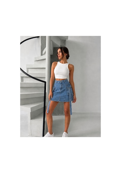 Bluemarlin Mavi Kargo Cep Kuşaklı Denim Kot Etek Mavi