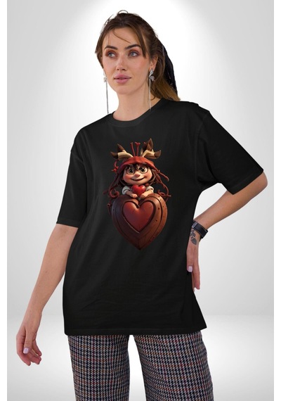 Çikolata Kız Kalbi Pamuklu Bisiklet Yaka Unisex Oversize Boyfriend Dijital Baskılı Siyah T-shirt Siyah