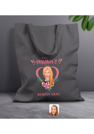 Bk Gift Kişiye Özel Anneler Günü Karikatürlü Antrasit Kumaş Bez Çanta, Baskılı Omuz Çantası, Alışveriş Çantası, Anneye Hediye-5 Antrasit