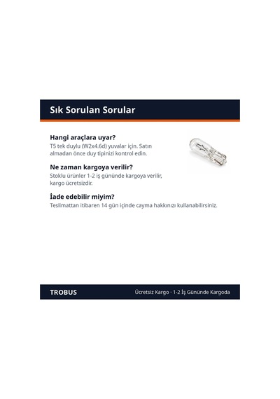 Trobus T5 Halojen Ampul Tek Duylu 12v 1,2w Sarı Işık