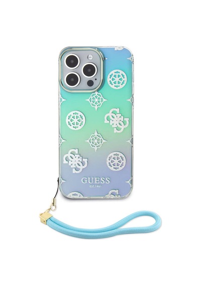 Apple Uyumlu iPhone 15 Pro Max Kılıf Guess Lisanslı Desenli Yazı Logolu Askı İpli Holografik Glitter Peony Siyah