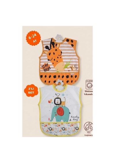 Bebek Beyaz Turuncu Desenli Figürlü Sıvı Geçirmez Mama Önlüğü Turuncu