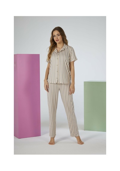 Estiva Kadın Pembe Çizgili Gri Kısa Kollu Önden Düğmeli Soft Pijama Takımı Çok renkli