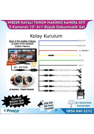 Mibzer İçin 4+1 Büyük Kameralı 10.36 İnç Dokunmatik Monitör Beşe Bölen Kayıtlı 256 Gb Sd Kart Destekli