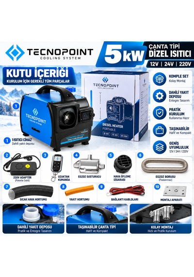 Tecnopoint 5 Kw Çanta Tipi Dizel Isıtıcı Webasto Tipi Portatif Bluetooth 12v 24v 220v