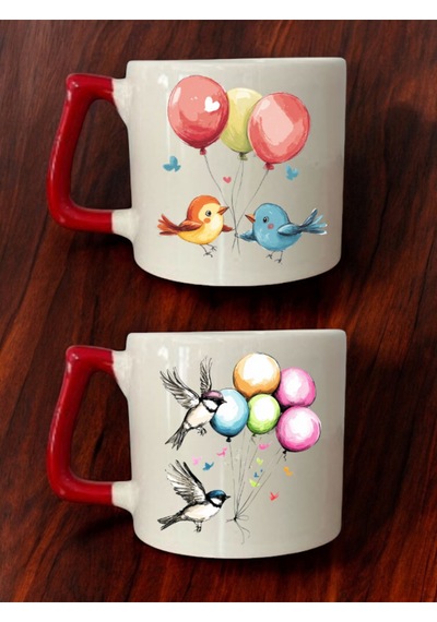 Kuşlar Balon Çizimi Baskılı 2'li Kahve Bardağı Seramik Kupa - Seramik Çay, Kahve Hediyelik Bardağı Beyaz