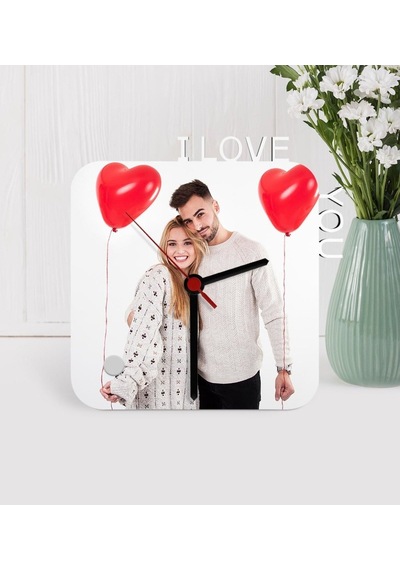Kişiye Özel Fotoğraflı I Love You Ahşap Masa Saati