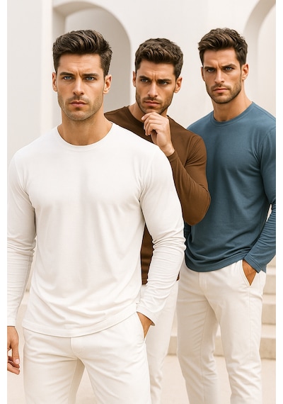 Rich Erkek Kahverengi-indigo-beyaz 3'lü Paket Basic Uzun Kollu Sporcu Body Kahverengi-indigo-beyaz
