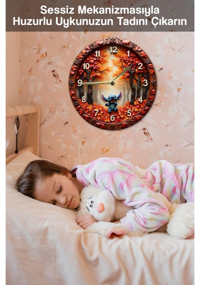 3d Görünümlü "stitch İle Sonbahar" Mdf Duvar Saati Sdw323 Renkli