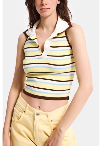 Kadın Sarı Çizgili S6-108 Crop Fit Polo Yaka İnce Yazlık Triko Body