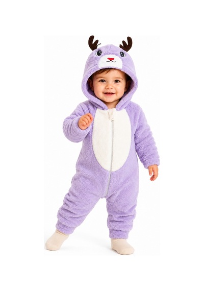 Tatlı Geyik Desenli Welsoft Bebek Tulumu Kapüşonlu Peluş Fermuarlı Kışlık Unisex Bebek Tulumu Mor